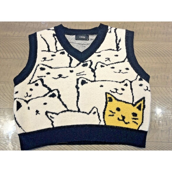 Cat Sweater Vest Womens XL Hipster Kitty Collage Fall Halloween Retro RAgdoll - Picture 1 of 4